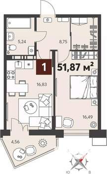 1-к квартира, вторичка, 52м2, 2/18 этаж