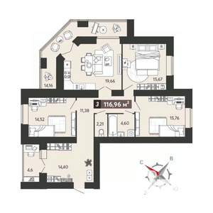 3-к квартира, строящийся дом, 117м2, 8/18 этаж