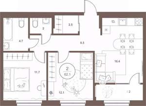 2-к квартира, вторичка, 62м2, 3/16 этаж