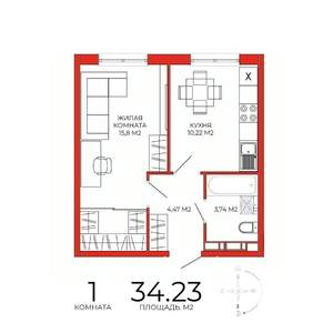 1-к квартира, строящийся дом, 34м2, 14/18 этаж