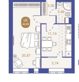 1-к квартира, вторичка, 43м2, 2/4 этаж