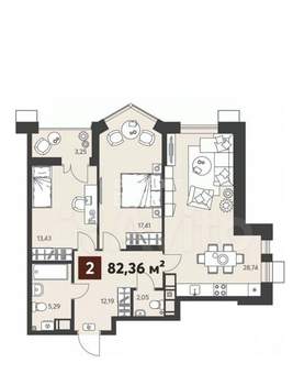 2-к квартира, вторичка, 82м2, 7/18 этаж