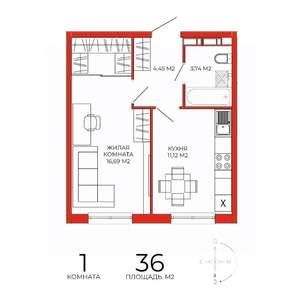 1-к квартира, строящийся дом, 36м2, 17/18 этаж