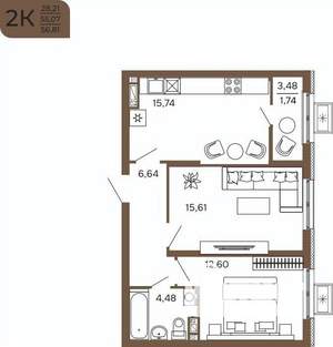 2-к квартира, вторичка, 57м2, 9/17 этаж