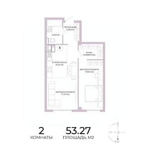 2-к квартира, строящийся дом, 53м2, 14/17 этаж