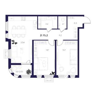 2-к квартира, вторичка, 75м2, 15/16 этаж