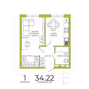 1-к квартира, строящийся дом, 34м2, 12/18 этаж