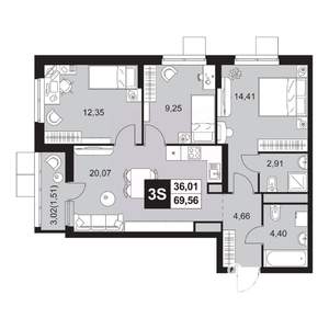 4-к квартира, вторичка, 70м2, 2/20 этаж