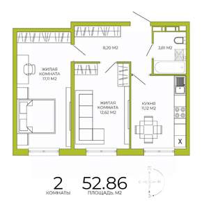 2-к квартира, строящийся дом, 53м2, 3/18 этаж