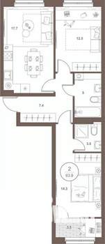 2-к квартира, вторичка, 64м2, 5/16 этаж