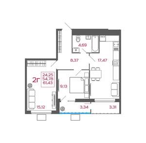 2-к квартира, вторичка, 61м2, 6/17 этаж