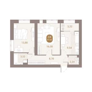 2-к квартира, вторичка, 57м2, 1/4 этаж