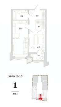 1-к квартира, вторичка, 52м2, 4/24 этаж