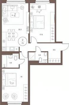 2-к квартира, вторичка, 74м2, 7/16 этаж