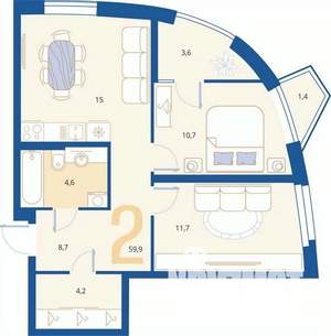 2-к квартира, вторичка, 59м2, 3/16 этаж