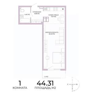 1-к квартира, вторичка, 44м2, 3/17 этаж