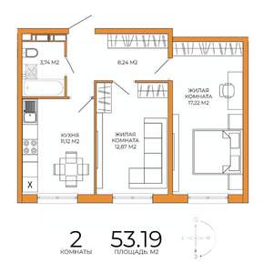 2-к квартира, строящийся дом, 53м2, 11/18 этаж