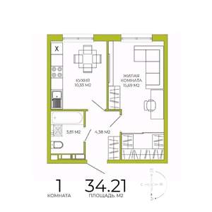 1-к квартира, строящийся дом, 34м2, 11/18 этаж