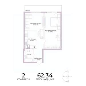 2-к квартира, строящийся дом, 62м2, 3/17 этаж