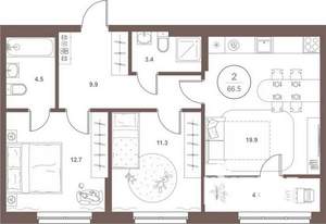 2-к квартира, вторичка, 66м2, 9/16 этаж