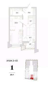 1-к квартира, вторичка, 52м2, 3/24 этаж