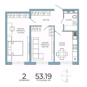 2-к квартира, строящийся дом, 53м2, 15/18 этаж