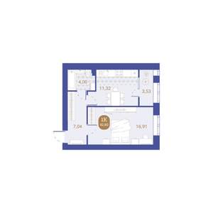 1-к квартира, вторичка, 43м2, 1/4 этаж