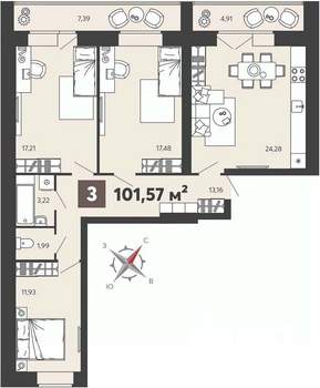 3-к квартира, вторичка, 102м2, 12/16 этаж