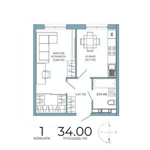 1-к квартира, строящийся дом, 34м2, 4/18 этаж