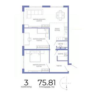 3-к квартира, строящийся дом, 76м2, 12/17 этаж