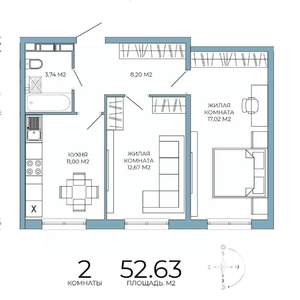 2-к квартира, строящийся дом, 53м2, 2/18 этаж