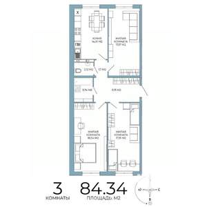 3-к квартира, строящийся дом, 84м2, 2/18 этаж