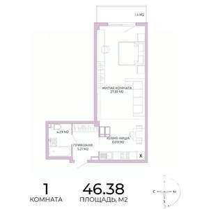 1-к квартира, строящийся дом, 46м2, 14/17 этаж