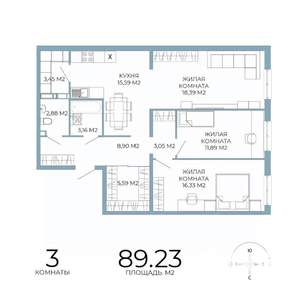 3-к квартира, строящийся дом, 89м2, 6/18 этаж