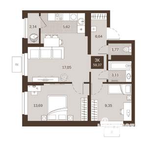 3-к квартира, вторичка, 59м2, 2/22 этаж