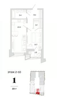 1-к квартира, вторичка, 52м2, 8/24 этаж