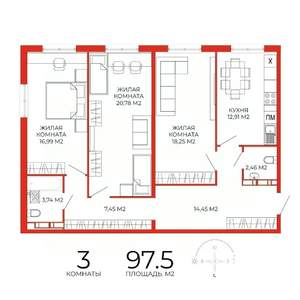 3-к квартира, строящийся дом, 97м2, 8/18 этаж