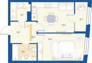1-к квартира, вторичка, 46м2, 3/16 этаж