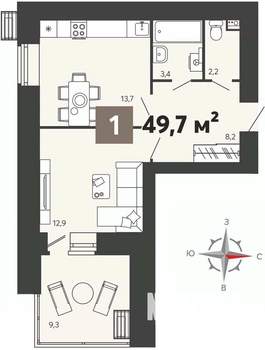 1-к квартира, вторичка, 50м2, 1/16 этаж