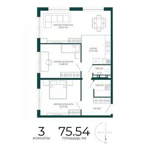3-к квартира, строящийся дом, 76м2, 3/17 этаж
