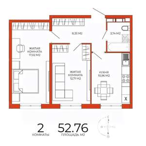 2-к квартира, строящийся дом, 53м2, 2/18 этаж