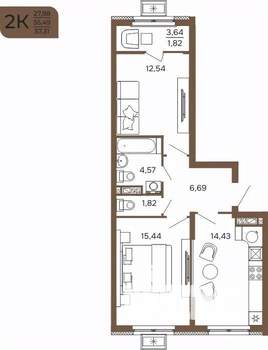 2-к квартира, вторичка, 57м2, 12/17 этаж