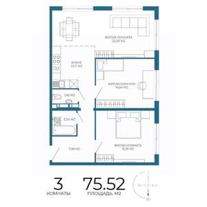 3-к квартира, вторичка, 76м2, 4/17 этаж