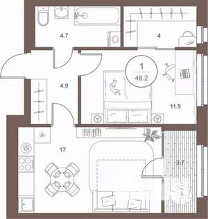1-к квартира, вторичка, 46м2, 9/16 этаж
