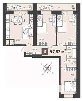 3-к квартира, вторичка, 98м2, 3/13 этаж