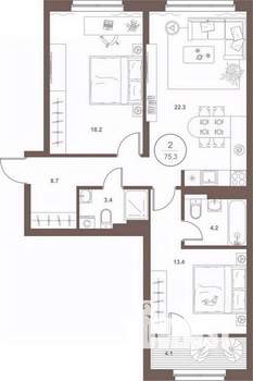 2-к квартира, вторичка, 74м2, 8/16 этаж