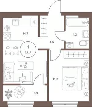 1-к квартира, вторичка, 38м2, 3/16 этаж