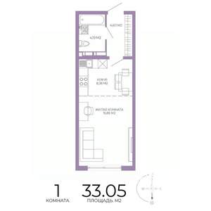 1-к квартира, строящийся дом, 33м2, 4/17 этаж