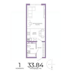 1-к квартира, строящийся дом, 34м2, 9/17 этаж