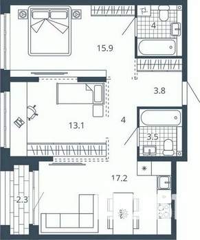 2-к квартира, вторичка, 64м2, 16/24 этаж